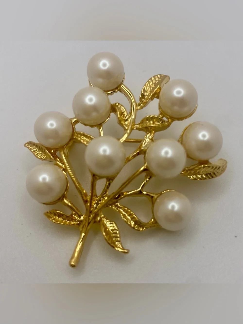 Vintage Marvella Faux Pearl & Gold-Tone Leaf Spray Brooch in Original Box